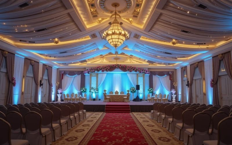 Luxurious wedding hall interior with chandelier lighting by a leading Marriage Hall & Marquee Construction Company in Pakistan.