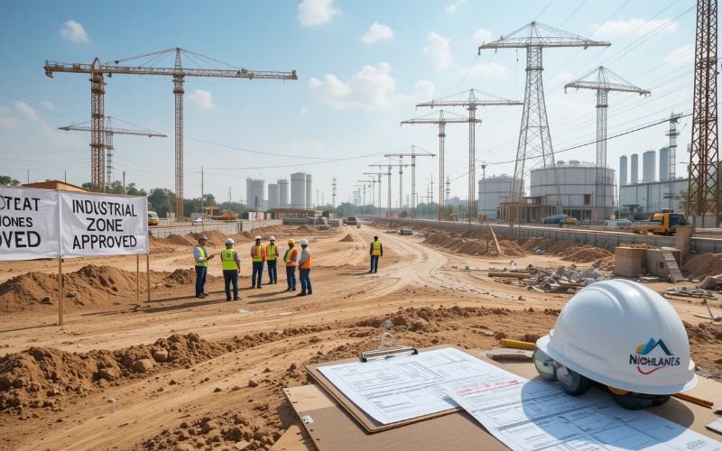 Engineers and workers inspecting a paper mill construction site in Lahore's approved industrial zone.