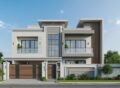Modern luxury house front elevation with glass windows, stylish balcony, and landscaped front wall Architectural Design Services in Lahore.