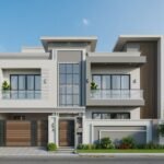 Modern luxury house front elevation with glass windows, stylish balcony, and landscaped front wall Architectural Design Services in Lahore.