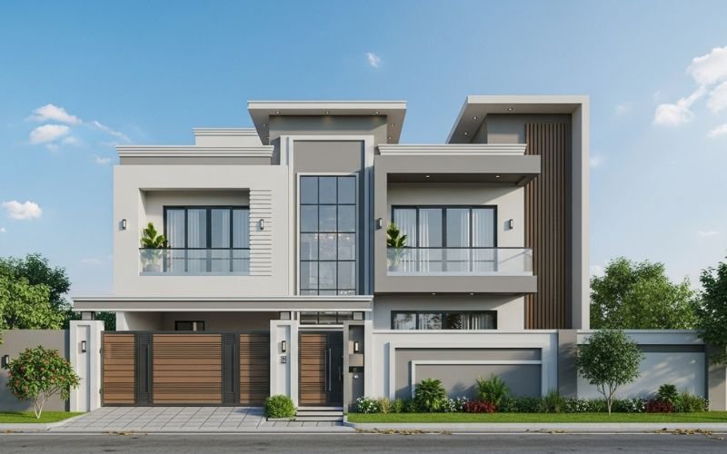 Modern luxury house front elevation with glass windows, stylish balcony, and landscaped front wall Architectural Design Services in Lahore.