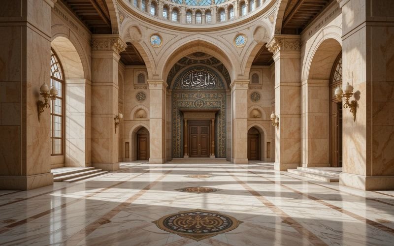Grand mosque interior with marble flooring, arches, and dome highlighting expert mosque design and construction services.