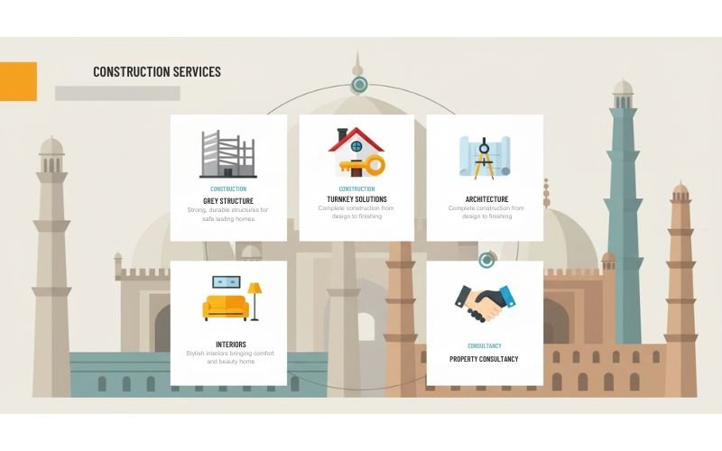 Construction services infographic showing grey structure, turnkey solutions, interiors, property consultancy, and architectural design services in Lahore.