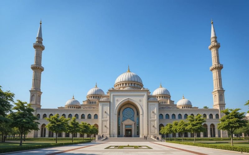 Elegant mosque with domes and minarets, showcasing expert mosque design and construction services.