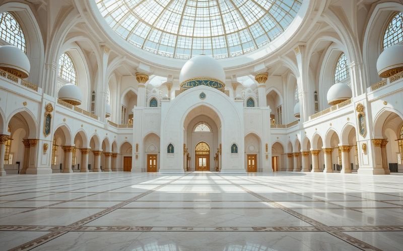 Spacious mosque interior with elegant dome and arches showcasing expert mosque design and construction services.