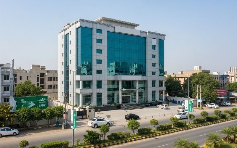 Modern bank building in Pakistan featuring glass façade and commercial architecture an example of high-quality bank building construction in an urban area.