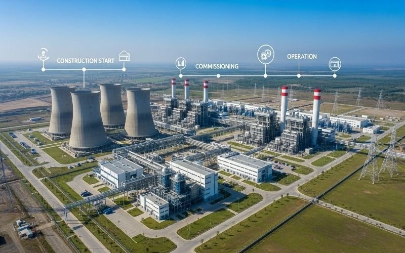Aerial view of a modern power station built by a Power and Energy Plant Construction Company showing cooling towers, pipelines, and operation stages.