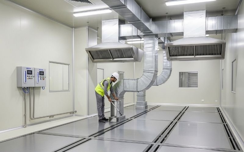 Engineer inspecting ventilation ducts inside a modern food processing facility built by a Food Industry Construction Company in Lahore.