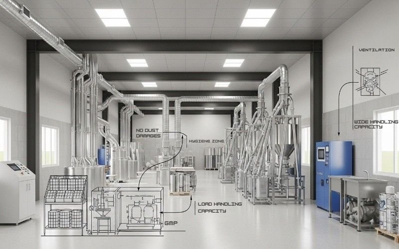 Modern grain, rice, and flour mill construction in Lahore with advanced machinery, ventilation, and dust-free systems.