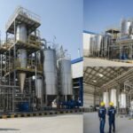 Modern edible oil and solvent plant construction in Pakistan showing stainless steel processing tanks, pipelines, and Pakistani engineers inspecting the facility.