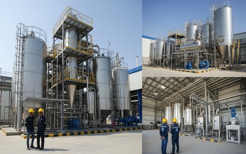 Modern edible oil and solvent plant construction in Pakistan showing stainless steel processing tanks, pipelines, and Pakistani engineers inspecting the facility.