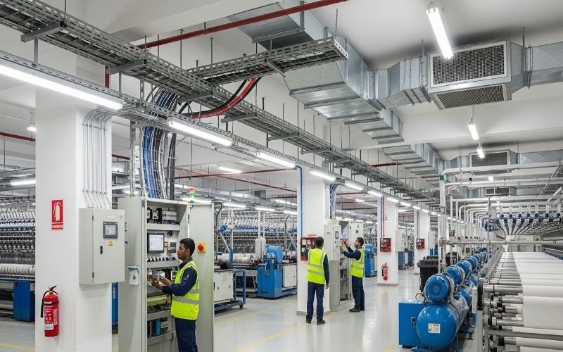 Modern textile manufacturing facility built by a leading Textile & Stitching Units Construction Company in Pakistan, showing engineers monitoring automated machinery and electrical systems.