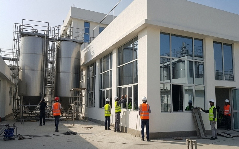 Engineers and workers inspecting a modern food processing facility under construction by a Food Industry Construction Company in Lahore.