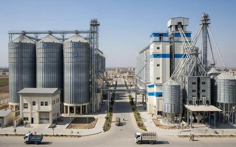 Modern grain rice and flour mill construction in Lahore with steel silos, processing units, and trucks operating on site.