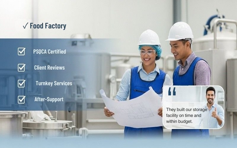 Engineers discussing a blueprint inside a modern food processing plant by a Food Industry Construction Company in Lahore.