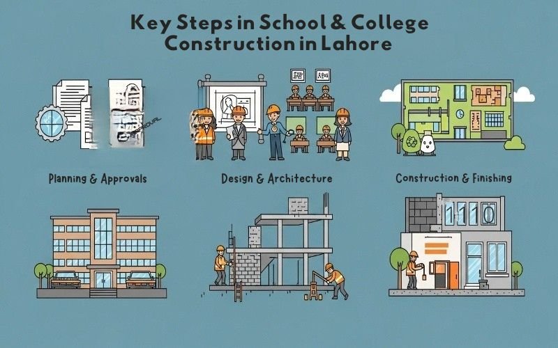 Illustration showing key steps in school and college building construction in Lahore, including planning, approvals, design, architecture, and finishing.