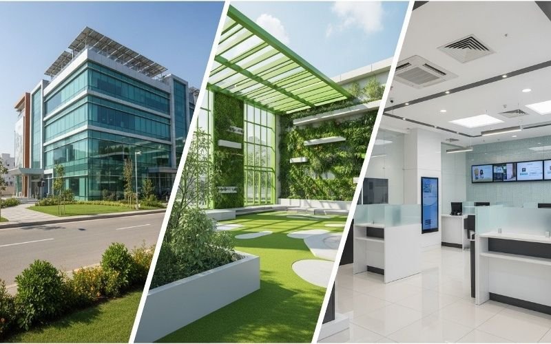 Modern bank building construction showcasing exterior architecture, eco-friendly rooftop garden, and sleek interior design.