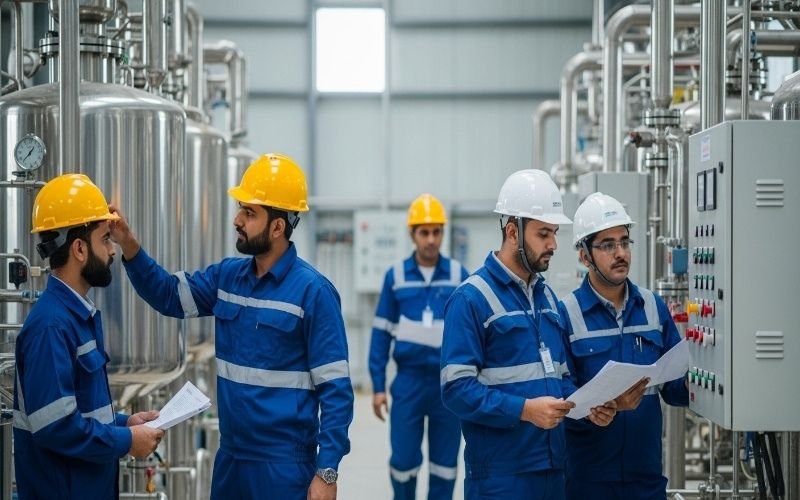Engineers inspecting control panels during edible oil & solvent plant construction in Pakistan inside a modern processing facility.