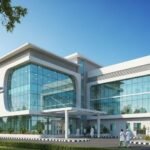Modern hospital building exterior designed under Pharmaceutical & Hospitals Construction Services showcasing glass façade and contemporary architecture.