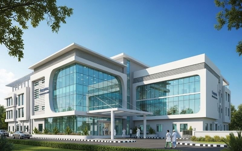 Modern hospital building exterior designed under Pharmaceutical & Hospitals Construction Services showcasing glass façade and contemporary architecture.