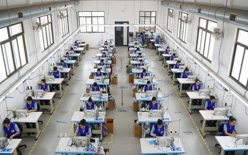 Workers sewing garments inside a modern stitching unit in Pakistan, showing efficient layout and design by a textile & stitching units construction company in Pakistan.