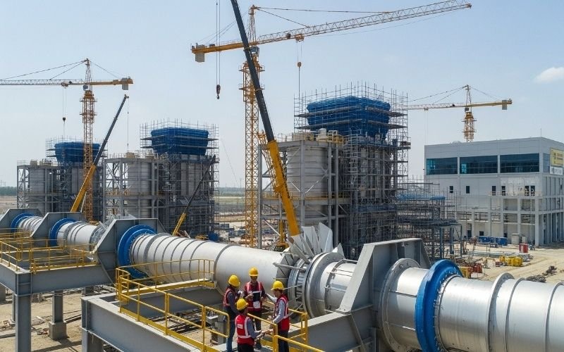 Modern Power and Energy Plant Construction Company site with cranes, engineers, and industrial equipment under development.