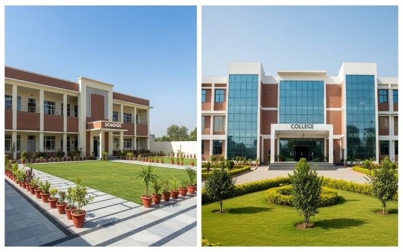 Modern school and college building construction in Lahore with spacious lawns and contemporary architecture.