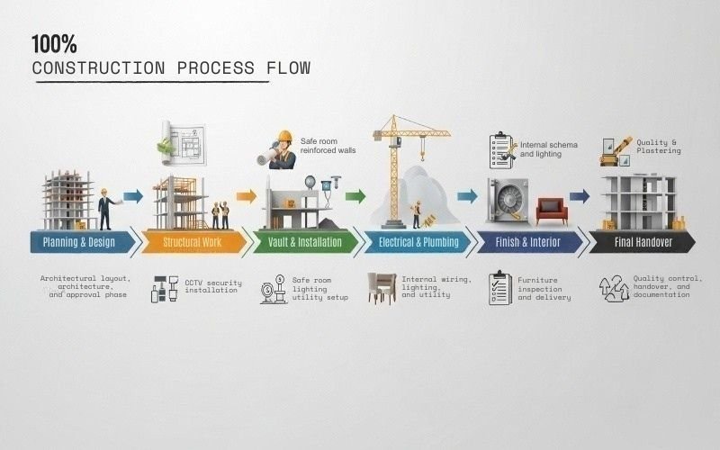 Step-by-step construction process flow chart for bank building construction in Pakistan, showing planning, structural work, vault installation, finishing, and handover stages.