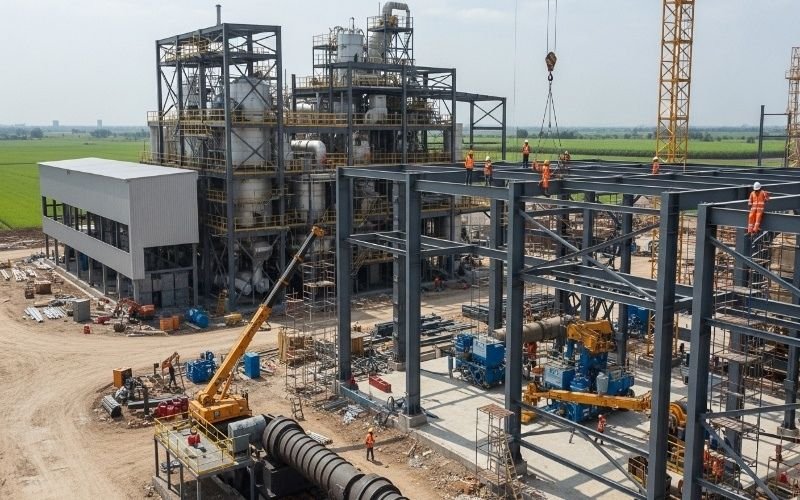 Sugar mill construction site in Pakistan showing steel framework, cranes, and workers assembling a modern industrial plant.