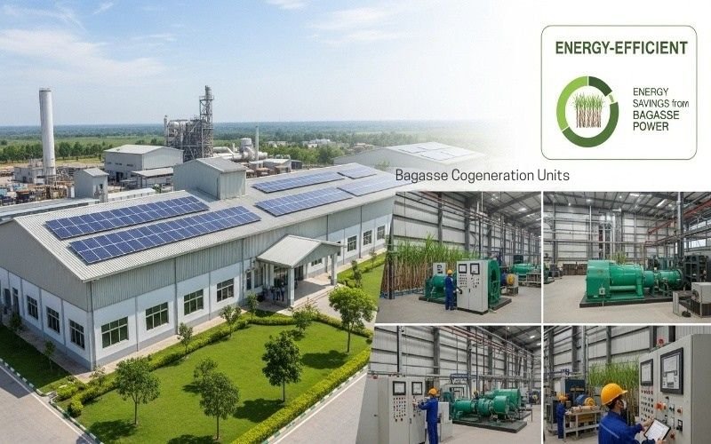 Modern eco-friendly sugar mill in Pakistan with rooftop solar panels and bagasse cogeneration units for energy-efficient power generation.