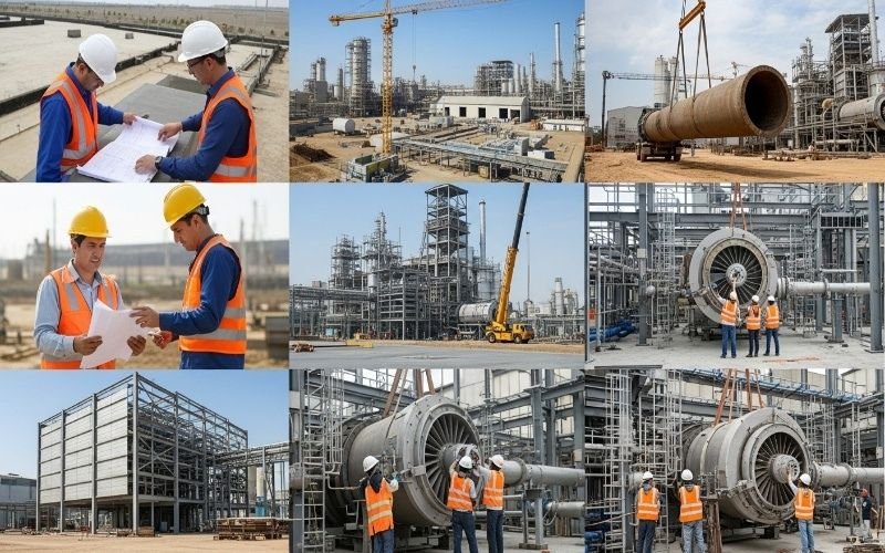 Engineers and workers at a sugar mill construction site in Pakistan inspecting blueprints, installing machinery, and managing large industrial equipment.