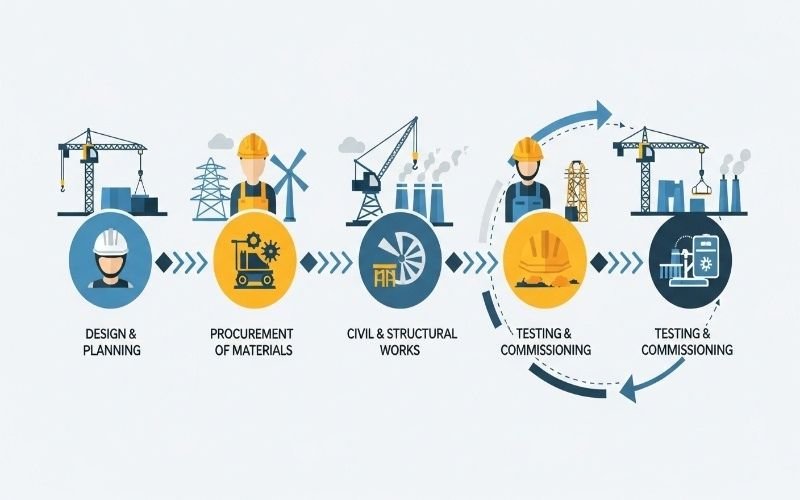 Project workflow of a Power and Energy Plant Construction Company showing design, material procurement, civil works, and testing stages.