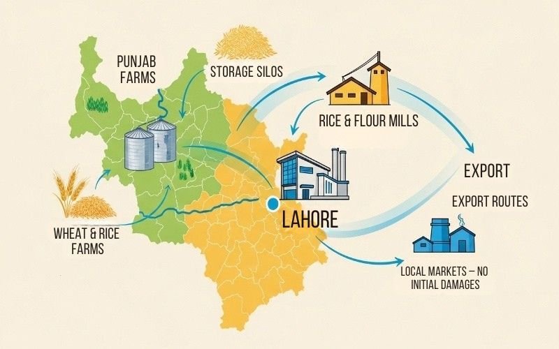 Infographic map showing Punjab grain supply chain for grain rice and flour mill construction in Lahore, from farms to storage silos, mills, and export routes.