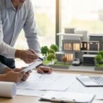 Architect vs Building Designer discussing modern house plans in Pakistan office with 3D model and blueprints.