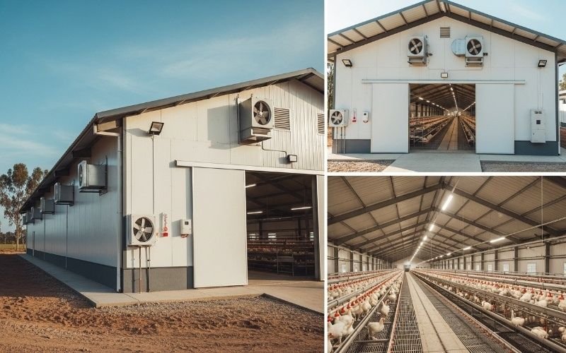“Modern poultry control shed construction in Pakistan showing automated ventilation fans, insulated walls, and organized bird housing system.