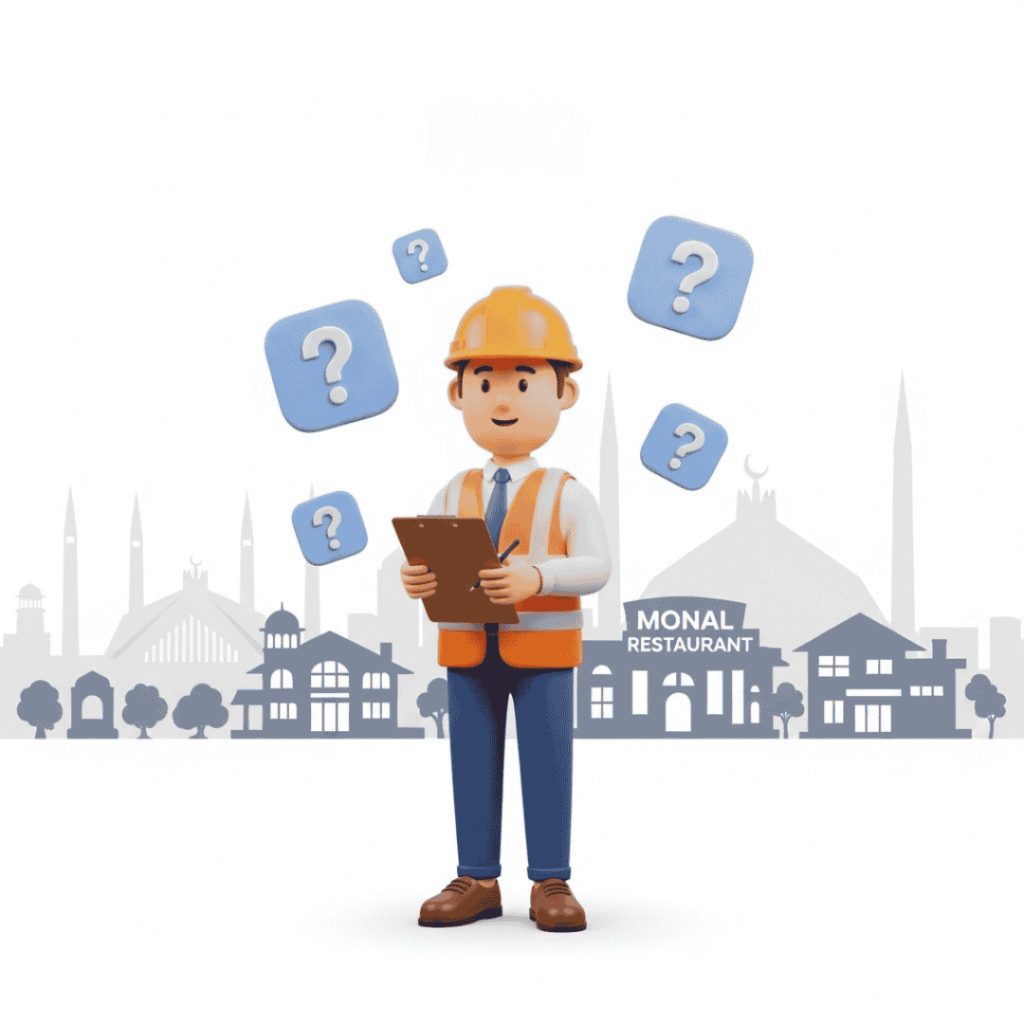 Construction worker with question marks.