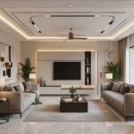 Modern living room with soft lighting, neutral furniture, large windows, and a clean Home Interior Design in DHA Lahore style.