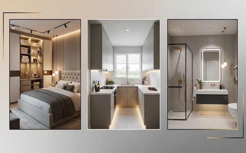 Modern bedroom, kitchen, and bathroom interior collage showing clean and elegant Home Interior Design in DHA Lahore.