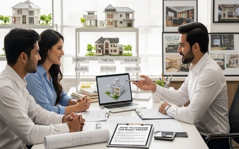 Architect vs Building Designer A couple consulting a professional about modern house design plans in an architecture office.