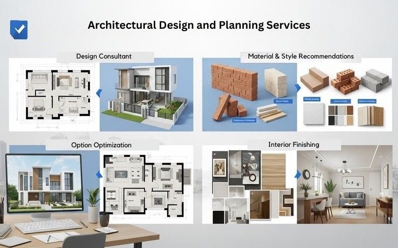 Architectural design and planning services showing floor plans, 3D house design, material selection, and interior finishing for professional construction services in Islamabad.