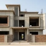 Grey structure construction in Islamabad showing a modern double storey house with concrete frame, brick walls, and roof slab under development