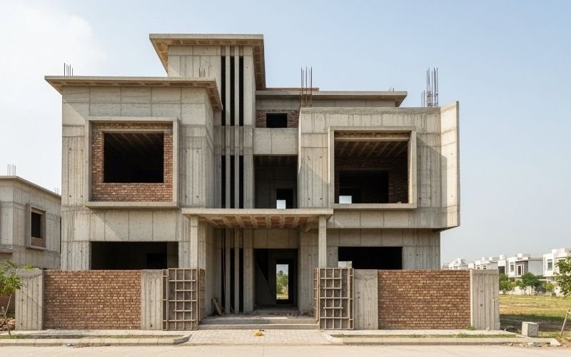 Grey structure construction in Islamabad showing a modern double storey house with concrete frame, brick walls, and roof slab under development