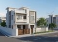 Modern corner house design showcasing high-quality house construction in Islamabad with a contemporary exterior, balcony, and secure boundary wall.