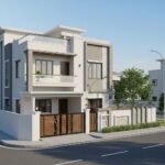 Modern corner house design showcasing high-quality house construction in Islamabad with a contemporary exterior, balcony, and secure boundary wall.