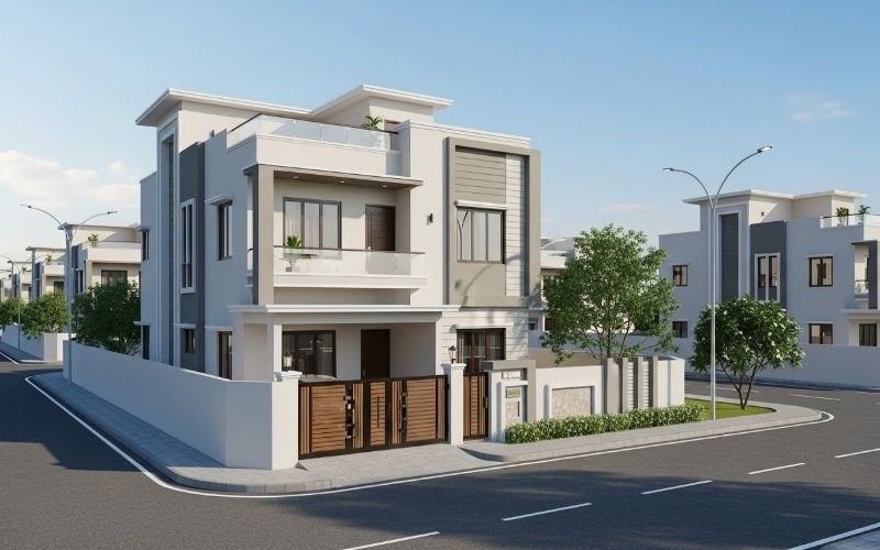 Modern corner house design showcasing high-quality house construction in Islamabad with a contemporary exterior, balcony, and secure boundary wall.