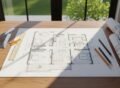 Realistic house map design in Islamabad on a desk with pencils, rulers, and rolled blueprints, showing a clear floor plan layout.