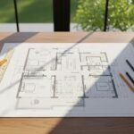 Realistic house map design in Islamabad on a desk with pencils, rulers, and rolled blueprints, showing a clear floor plan layout.