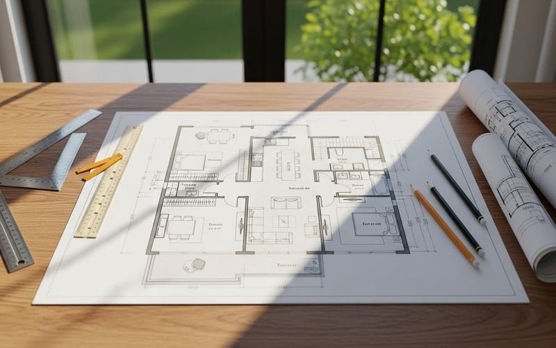 Realistic house map design in Islamabad on a desk with pencils, rulers, and rolled blueprints, showing a clear floor plan layout.