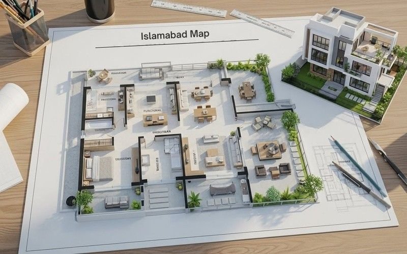 Modern 3D house map design Islamabad showing detailed floor plan layout with bedrooms, living area, kitchen, and outdoor spaces.