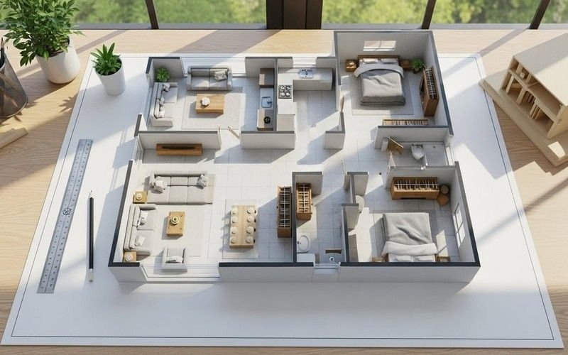 3D realistic house map design in Islamabad showing a detailed floor plan with living rooms, bedrooms, kitchen, and bathroom layouts on a desk.